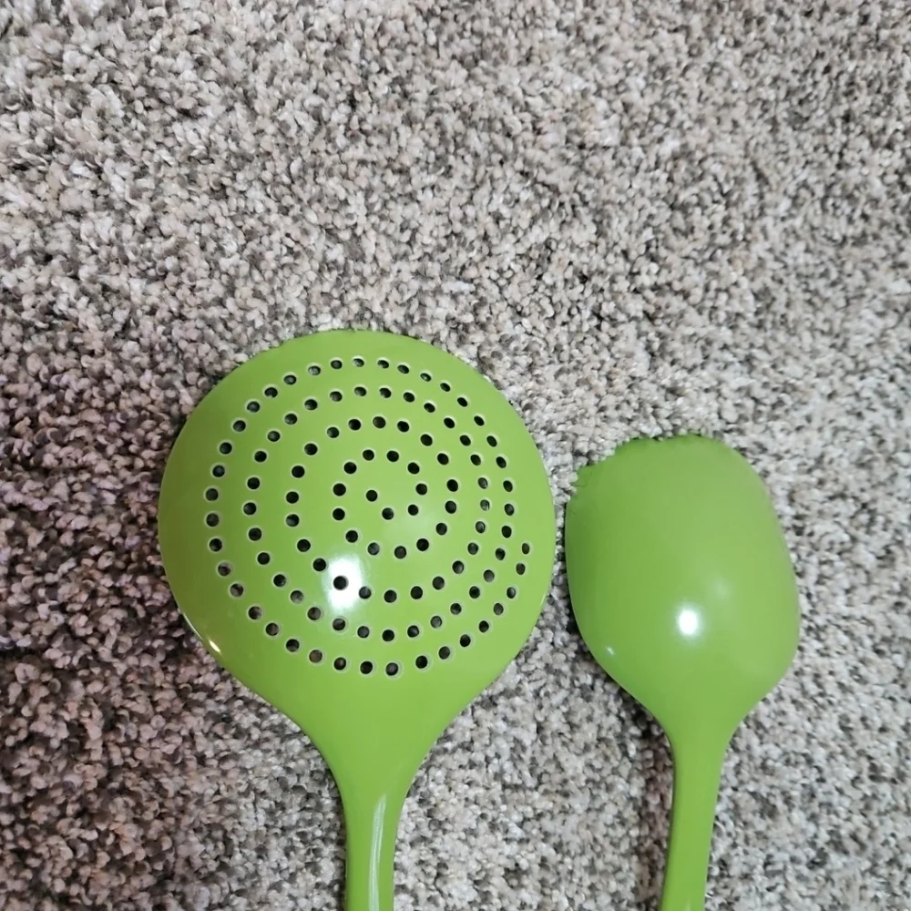 Vintage Hutzler Melamine Serving Spoon Skimmer 12 In. Avocado Green Flatware Set